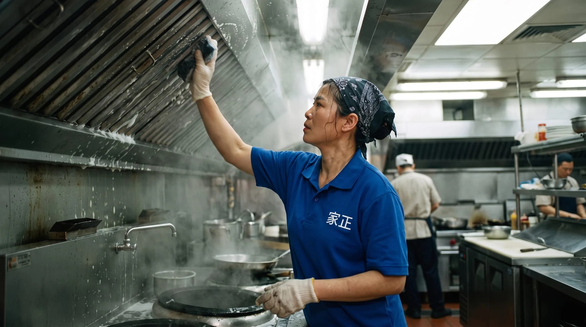 A Pro Pack service worker in a blue uniform cleaning a range hood